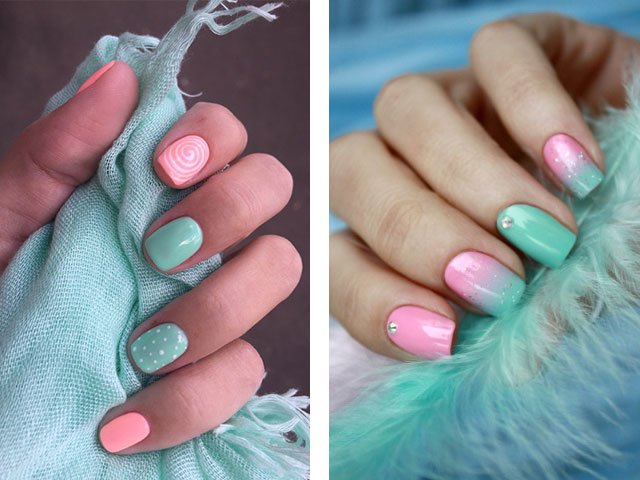 Fashionable manicure in mint colors.