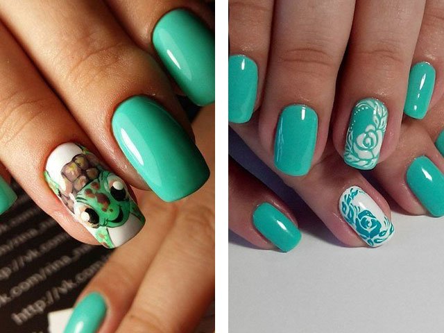Fashionable manicure in mint colors.