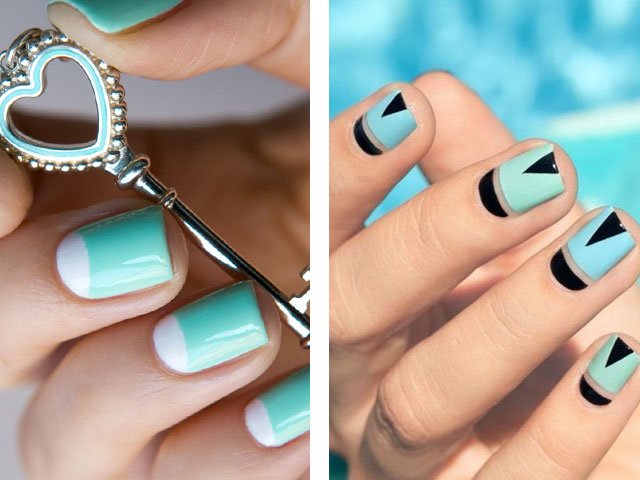 Fashionable manicure in mint colors.