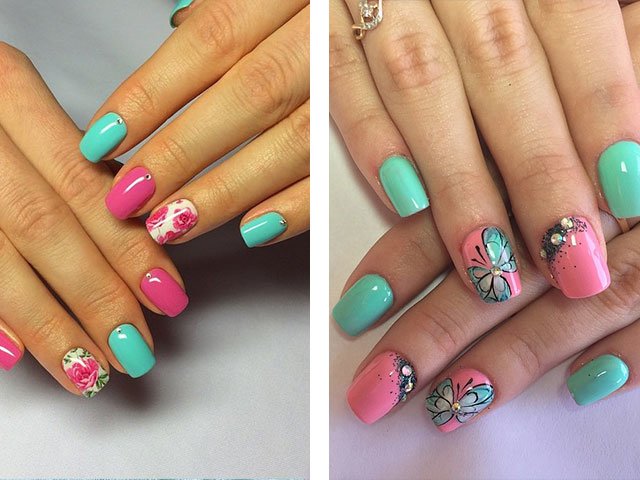 Fashionable manicure in mint colors.