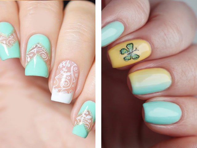 Fashionable manicure in mint colors.