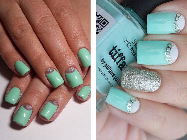 Fashionable manicure in mint colors.
