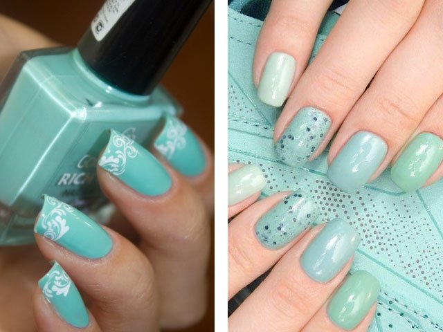 Fashionable manicure in mint colors.