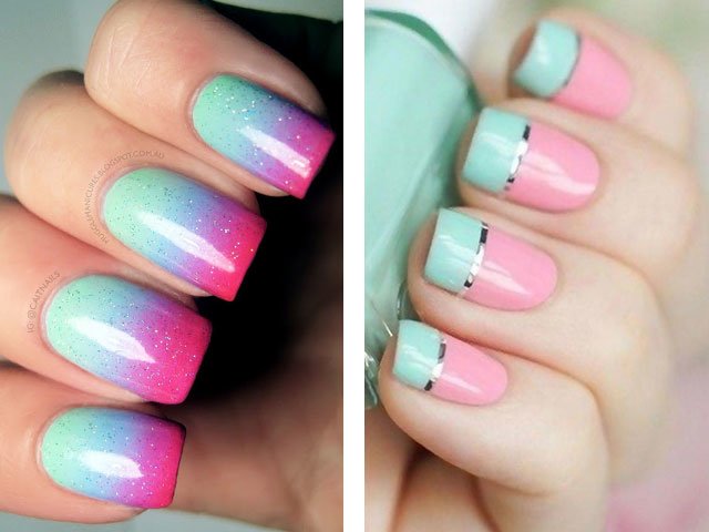 Fashionable manicure in mint colors.