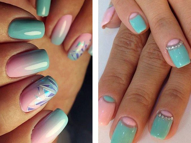 Fashionable manicure in mint colors.