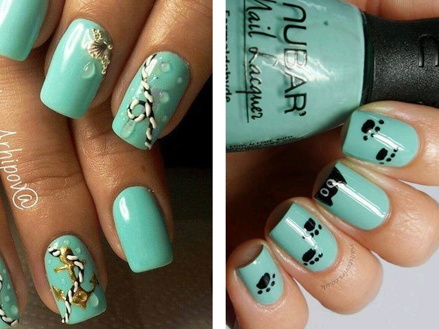 Fashionable manicure in mint colors.