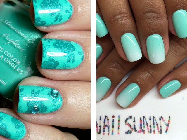 Fashionable manicure in mint colors.