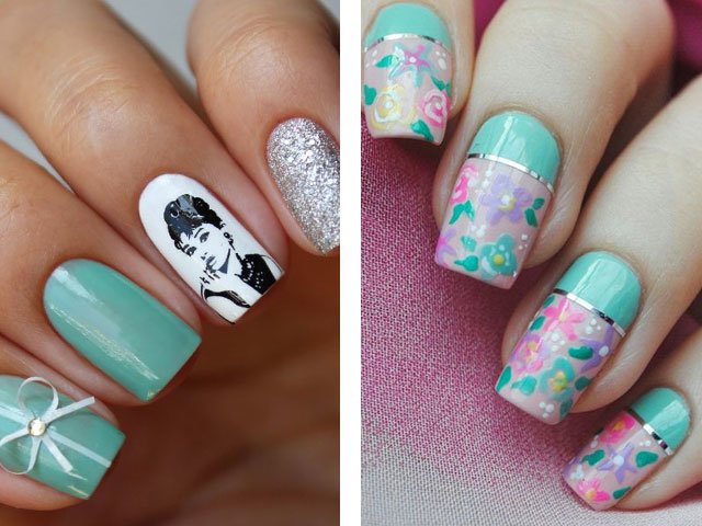 Fashionable manicure in mint colors.