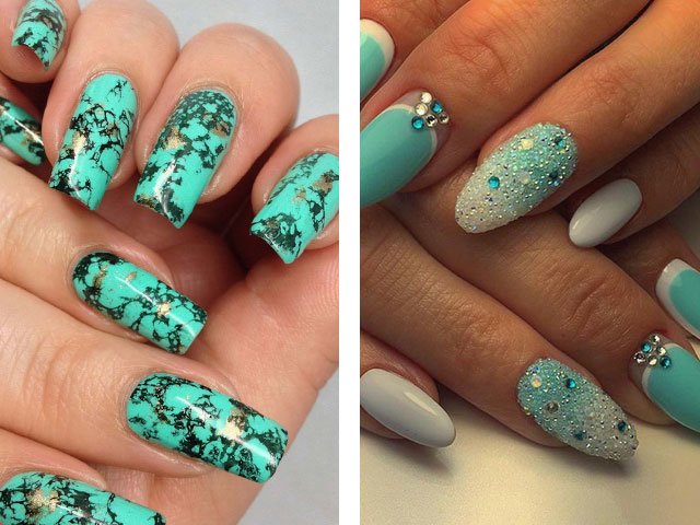 Fashionable manicure in mint colors.