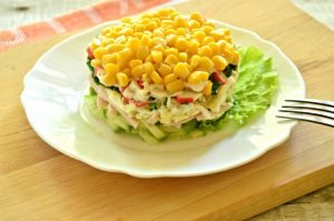 Salad with Crab Sticks, Corn and Ham