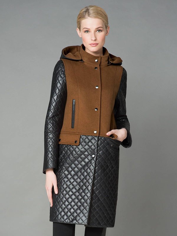 Brown and black coat with a hood and quilted accents