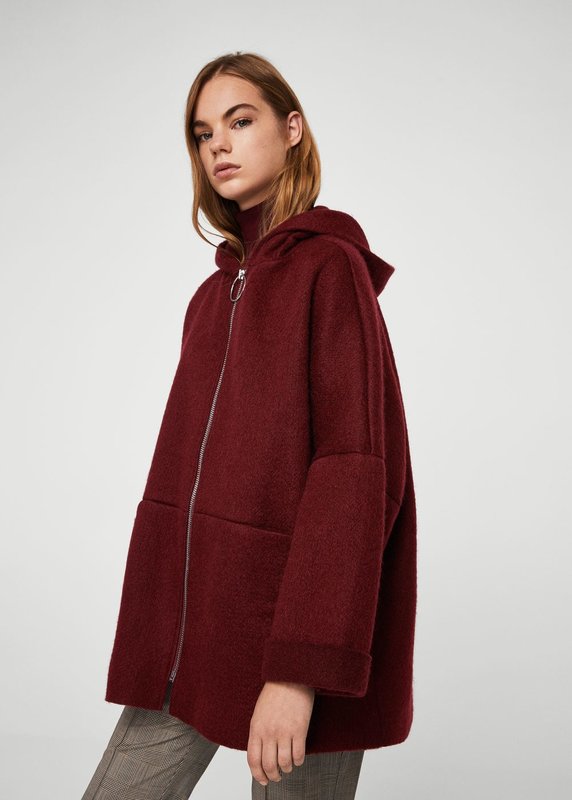Oversized burgundy coat with hood