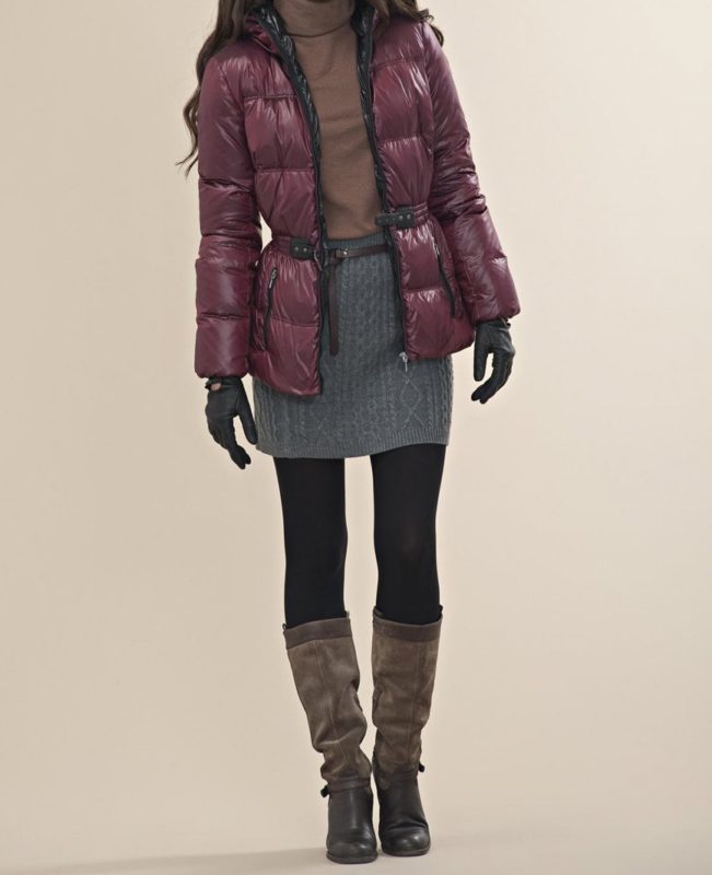 A combination of a puffer jacket and a woolen skirt Warm skirt and jacket