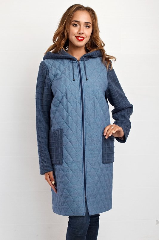 Gray quilted coat with a hood and knitted inserts on the lock