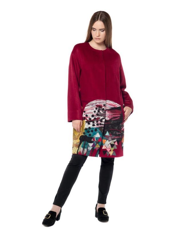 Red coat with applique on the hem