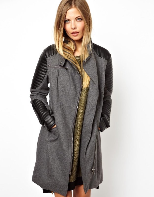Gray coat with leather inserts on the sleeves