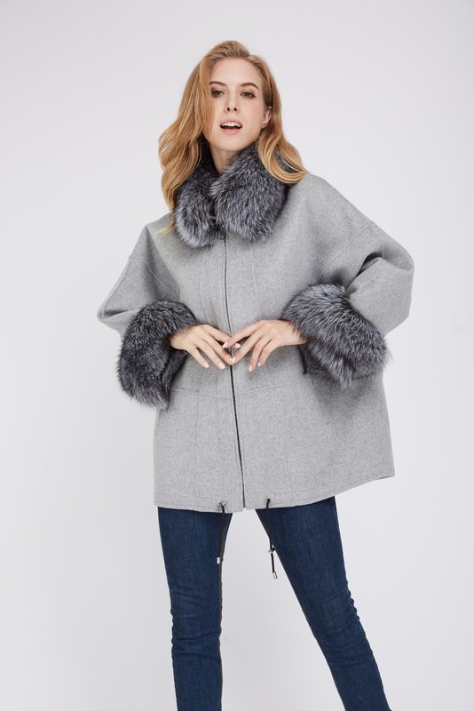 Gray coat with fur on the collar and cuffs