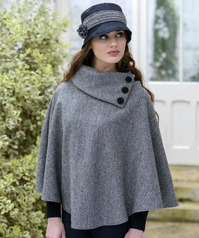 Gray Tweed Collar Poncho Coat