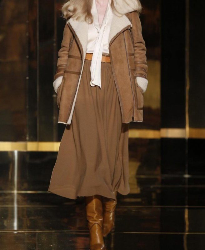 Long skirt with a sheepskin coat Long skirt