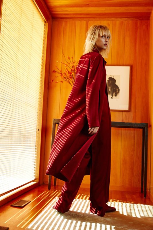 Red overcoat with red wide pants