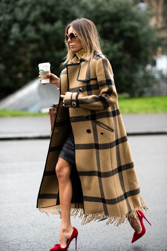 Long check coat with mini dress
