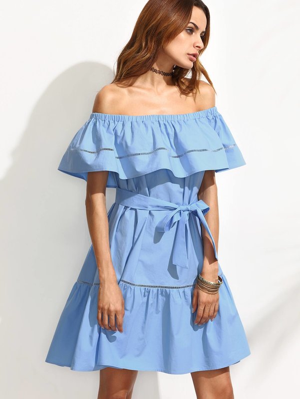 Dress with bare shoulders and ruffles on the bodice and hem Dress with bare shoulders and ruffles on the bodice and hem