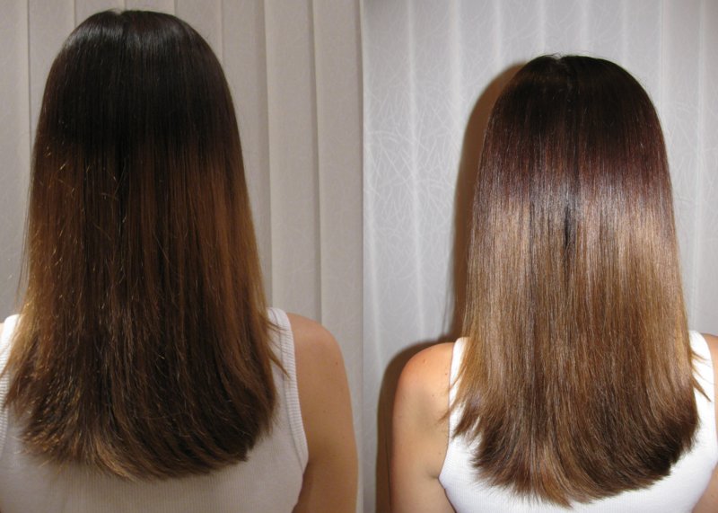 Photos before and after applying argan oil