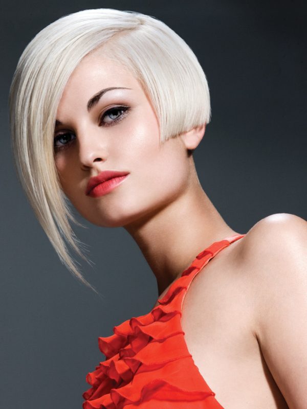 Girl with asymmetric square and slanting bangs