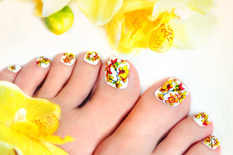 Stylish bright pedicure Flower pedicure