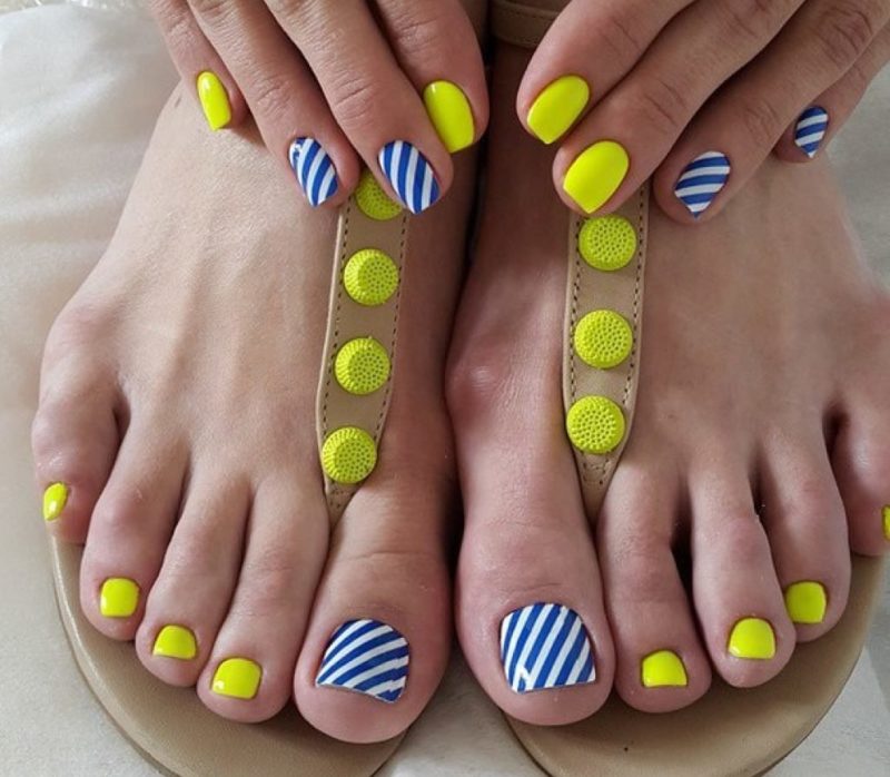 Summer pedicure with neon yellow Neon yellow
