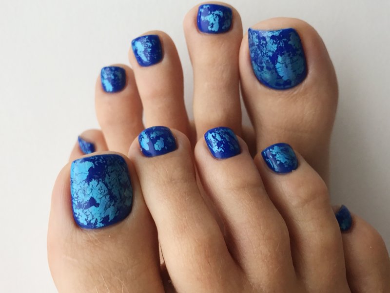 Blue pedicure with foil Blue with foil