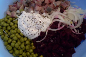 Beetroot Salad with Herring and Green Peas