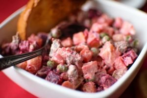 Beetroot salad with beef and mayonnaise