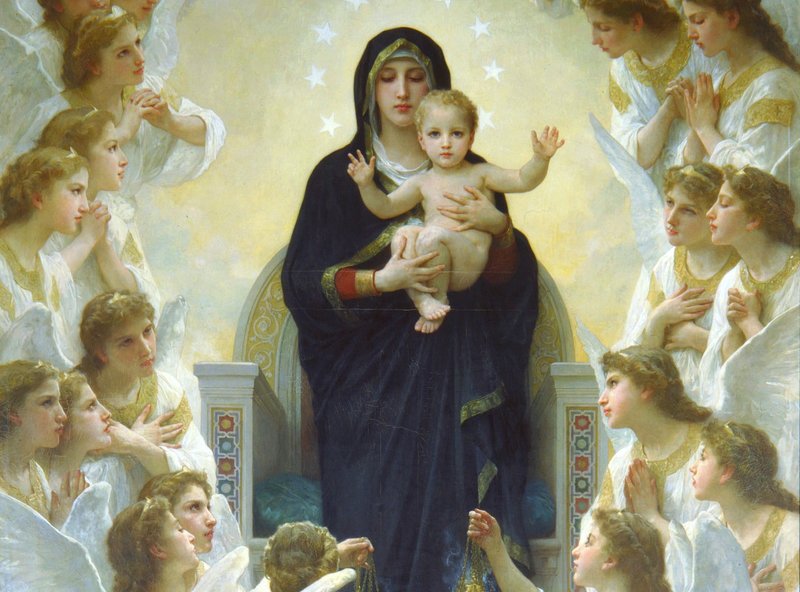 Little Jesus in the arms of the mother of God surrounded by the apostles