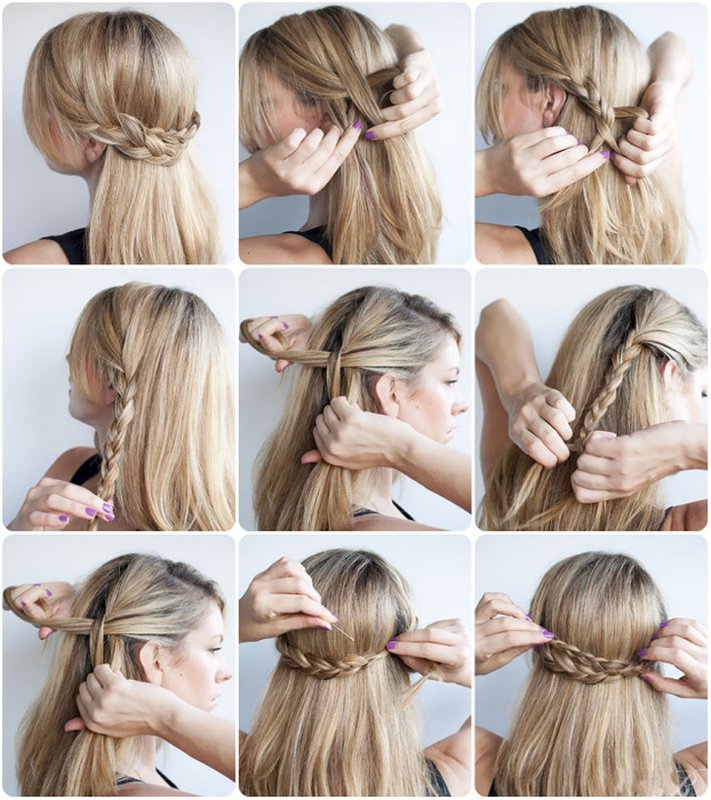 Half-crown braid hairstyle in stages