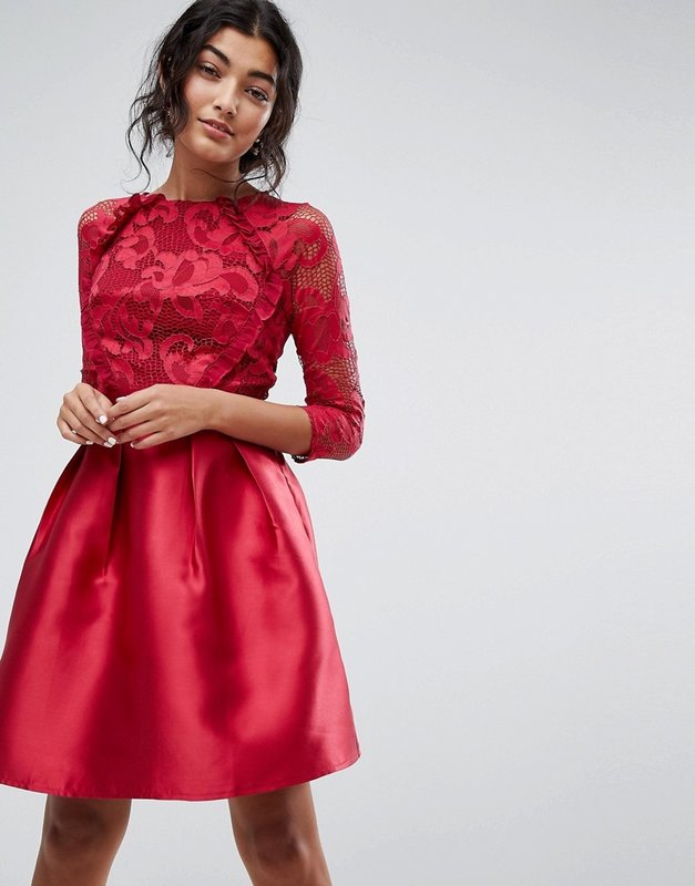 Girl in a cocktail dress with lace sleeve 3/4 Girl in a cocktail dress with lace sleeve 3/4