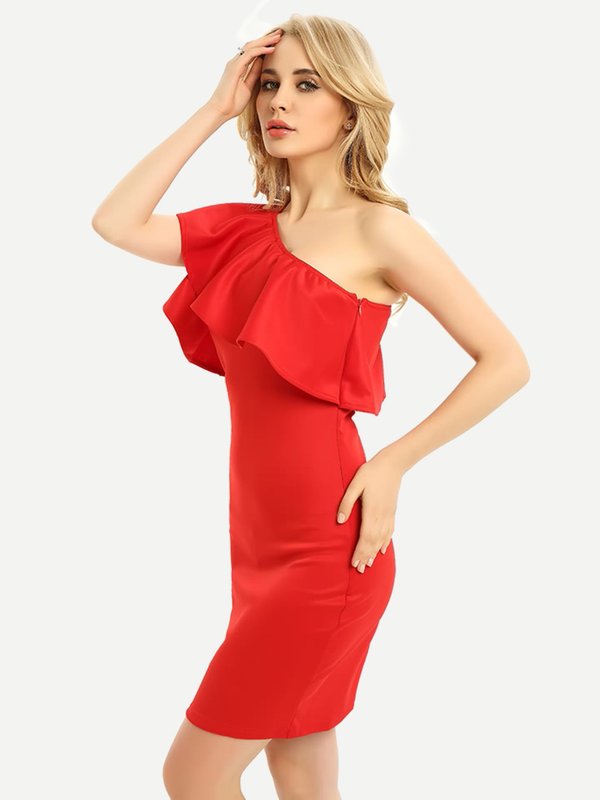 Girl in a red dress with one open shoulder Girl in a red dress with one open shoulder