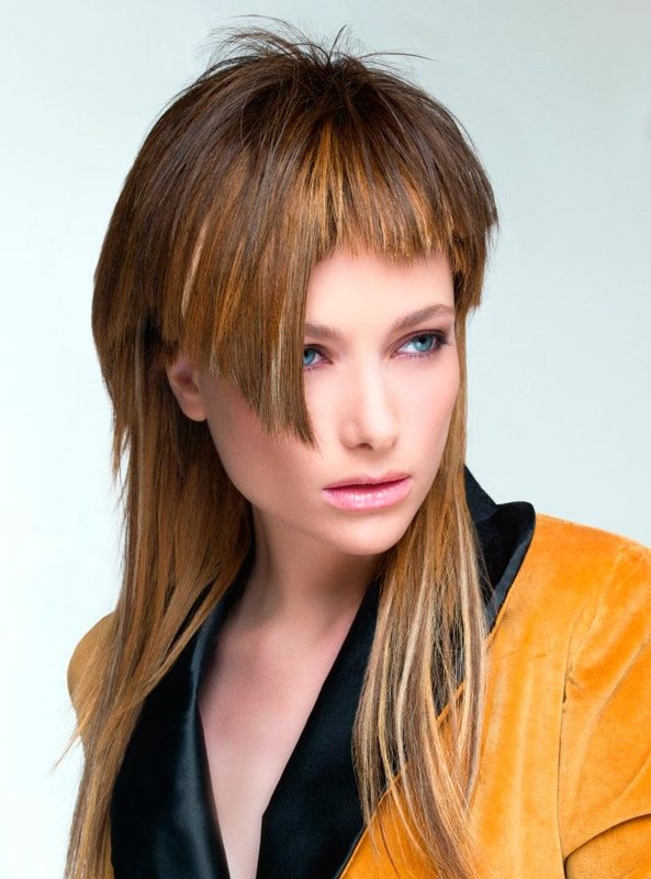 Girl with asymmetric graduated bangs