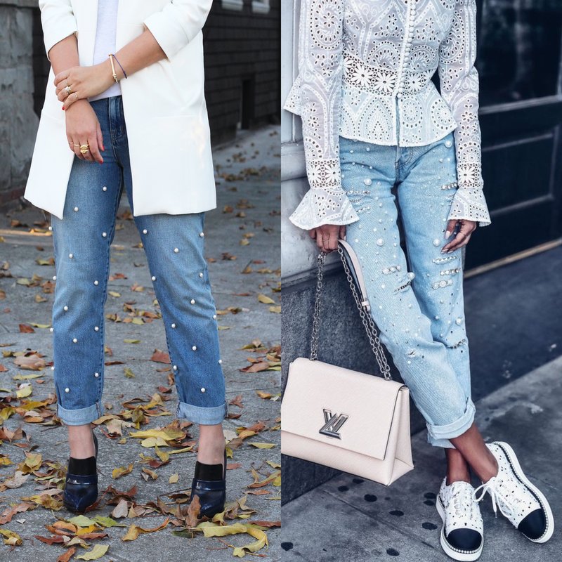 Beads on jeans along the entire length Beads on jeans along the entire length