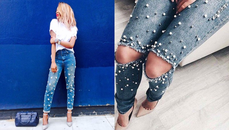 Girl in jeans with pearls Girl in jeans with pearls