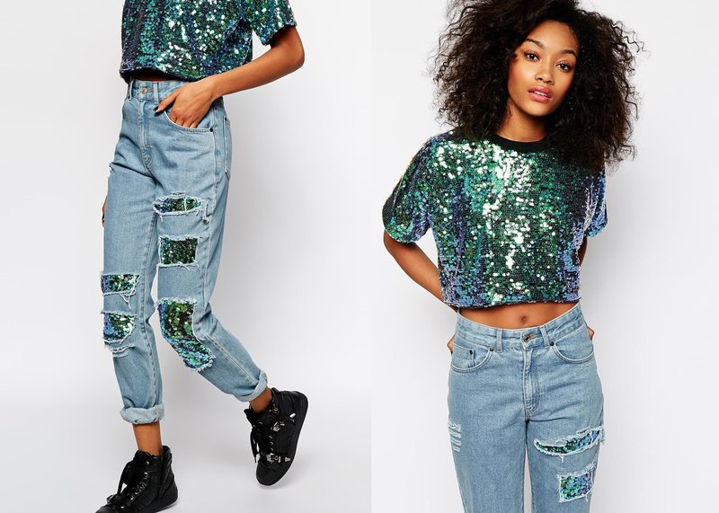 Stylish look in jeans with additional decor Stylish look in jeans with additional decor