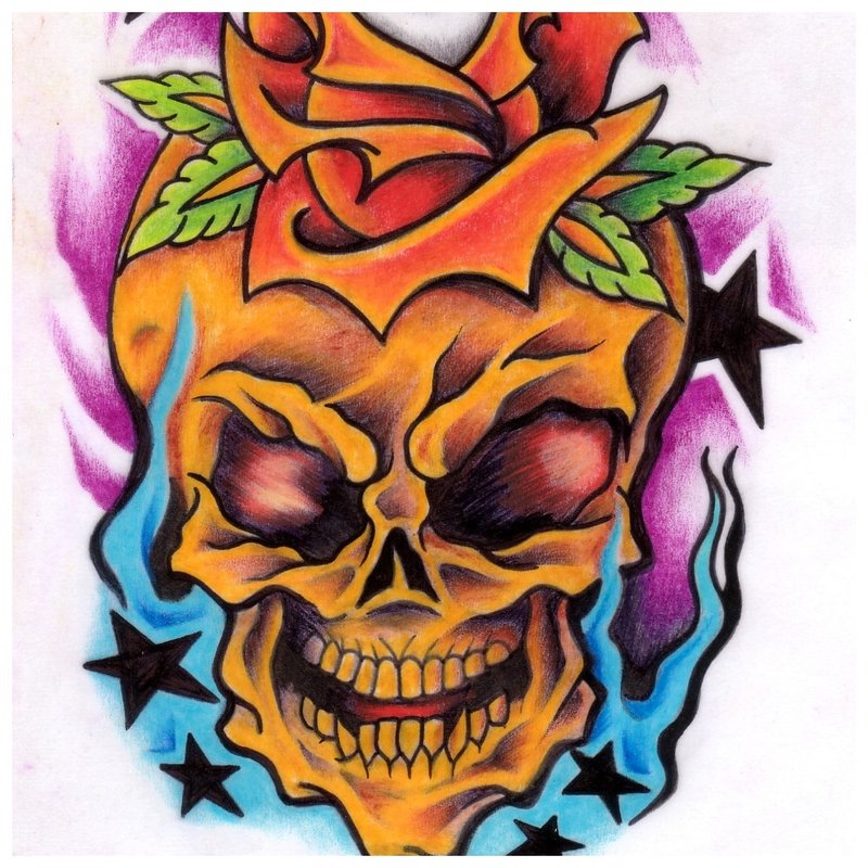 Skull with a rose in color